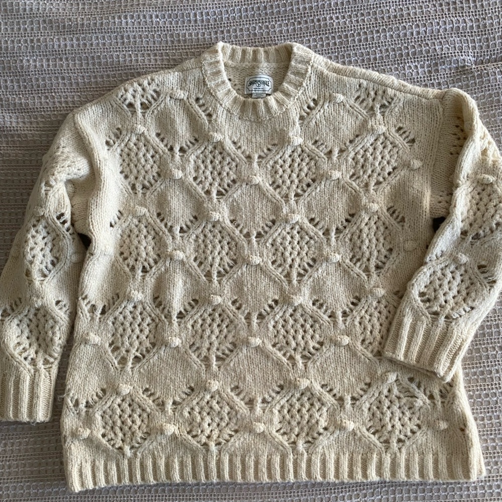 American Eagle Outfitters Cream Crew Neck Sweater with Intricate Knit Pattern